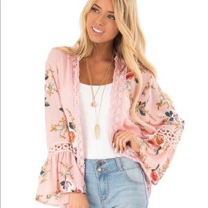 Baby Pink Floral Kimono Bell Sleeves And Lace Trim